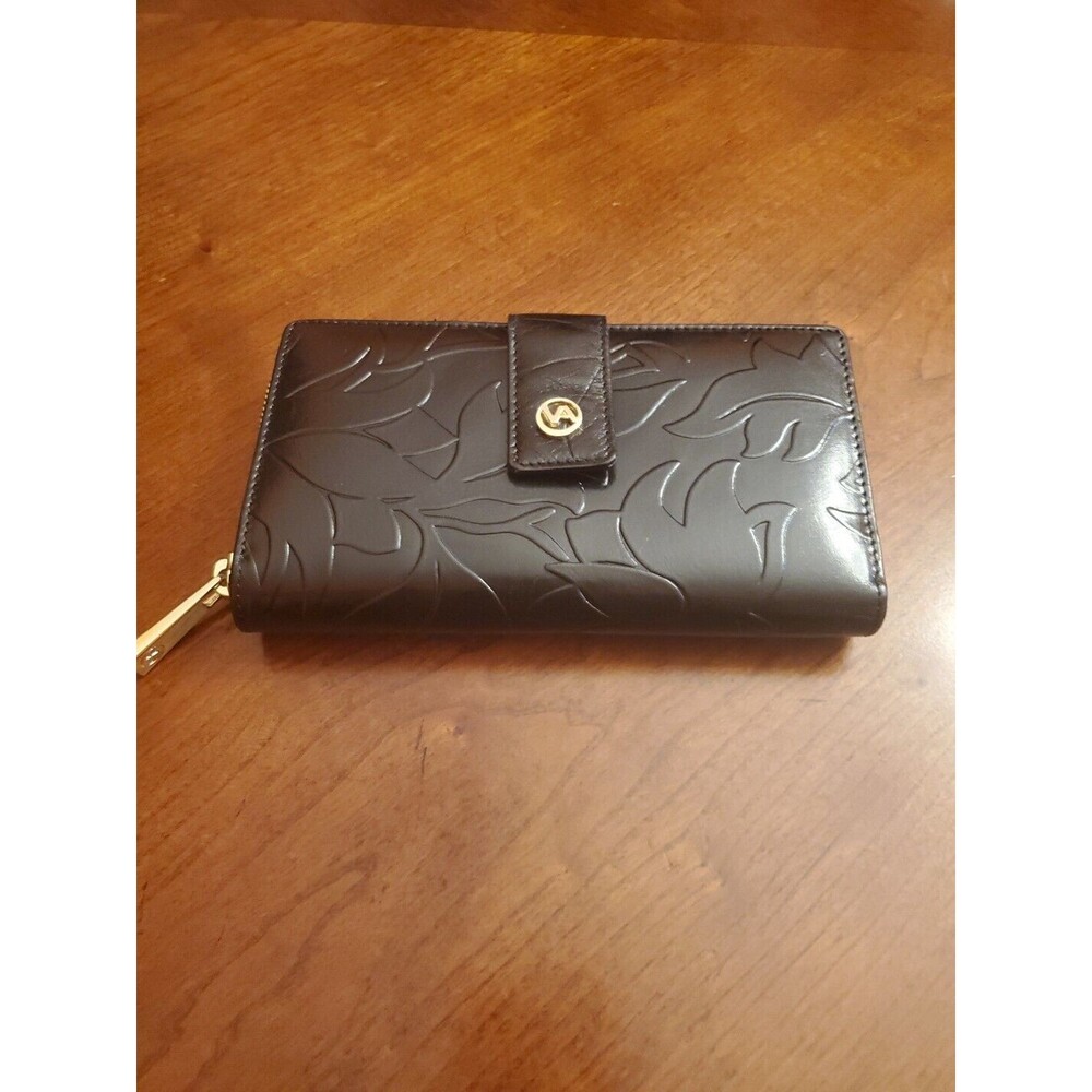 Valentina Made In Italy Genuine Leather BLACK Floral Leaf Pattern Wallet